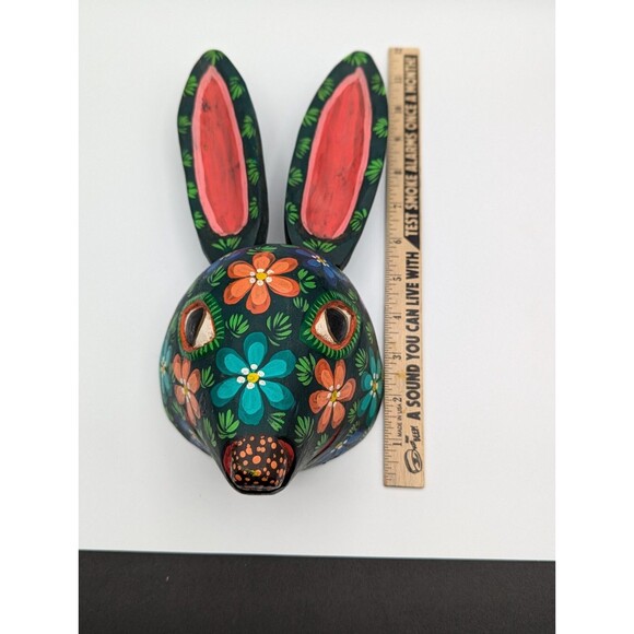 Hand Carved & Painted Guatemalan Wooden Dance Mask Wall Decor Rabbit Floral - Picture 13 of 16